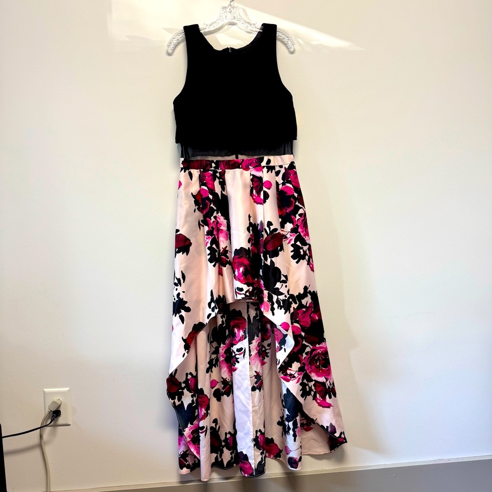 Betsy & Adam‎ Illusion Pink and Black Floral Dress Size 16W Hi-Lo Maxi Formal